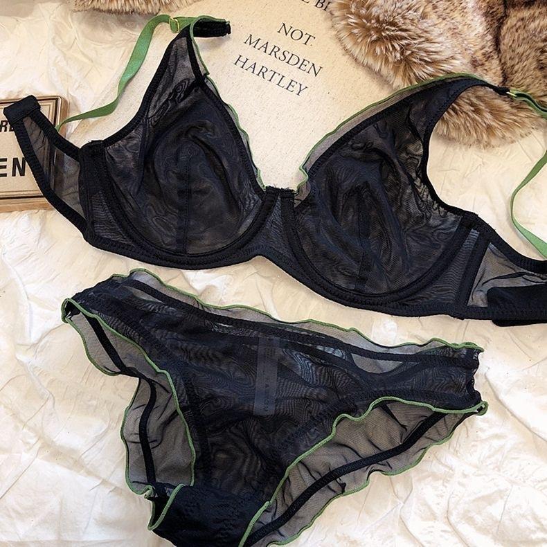 

Sexy underwear summer French ultra-thin mesh underwear big breasts small anti-sagging bra S чорний