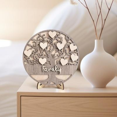 Wooden Family Tree Rustic Family Love Tabletop Sign Layered Heart Tree Ornament with Stand for Mother's Day Gift Mantel Shelf Decoration