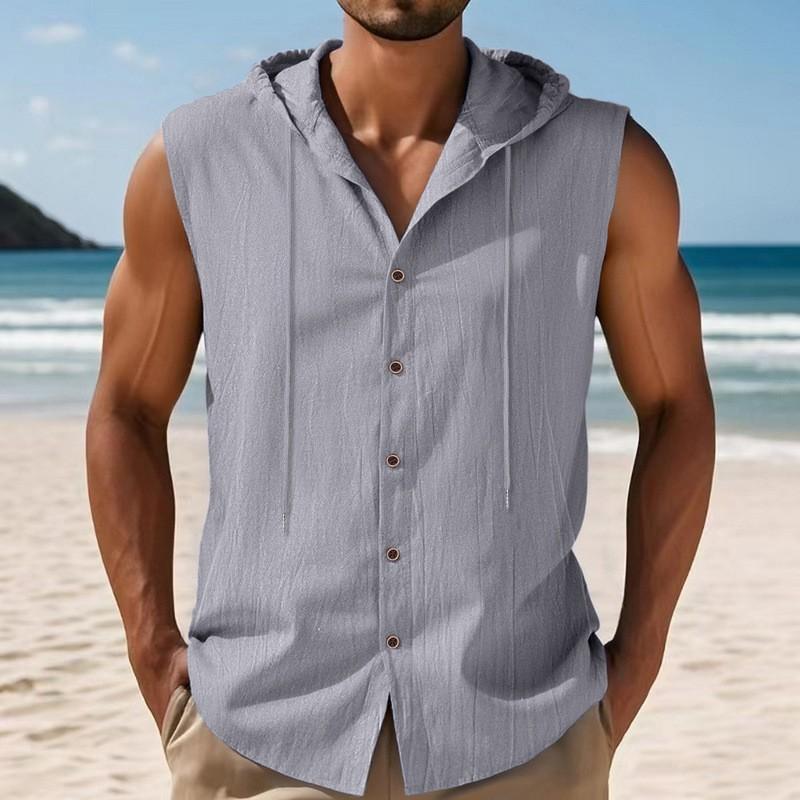 Men Sleeveless Hooded Button Down Linen Blend Shirt