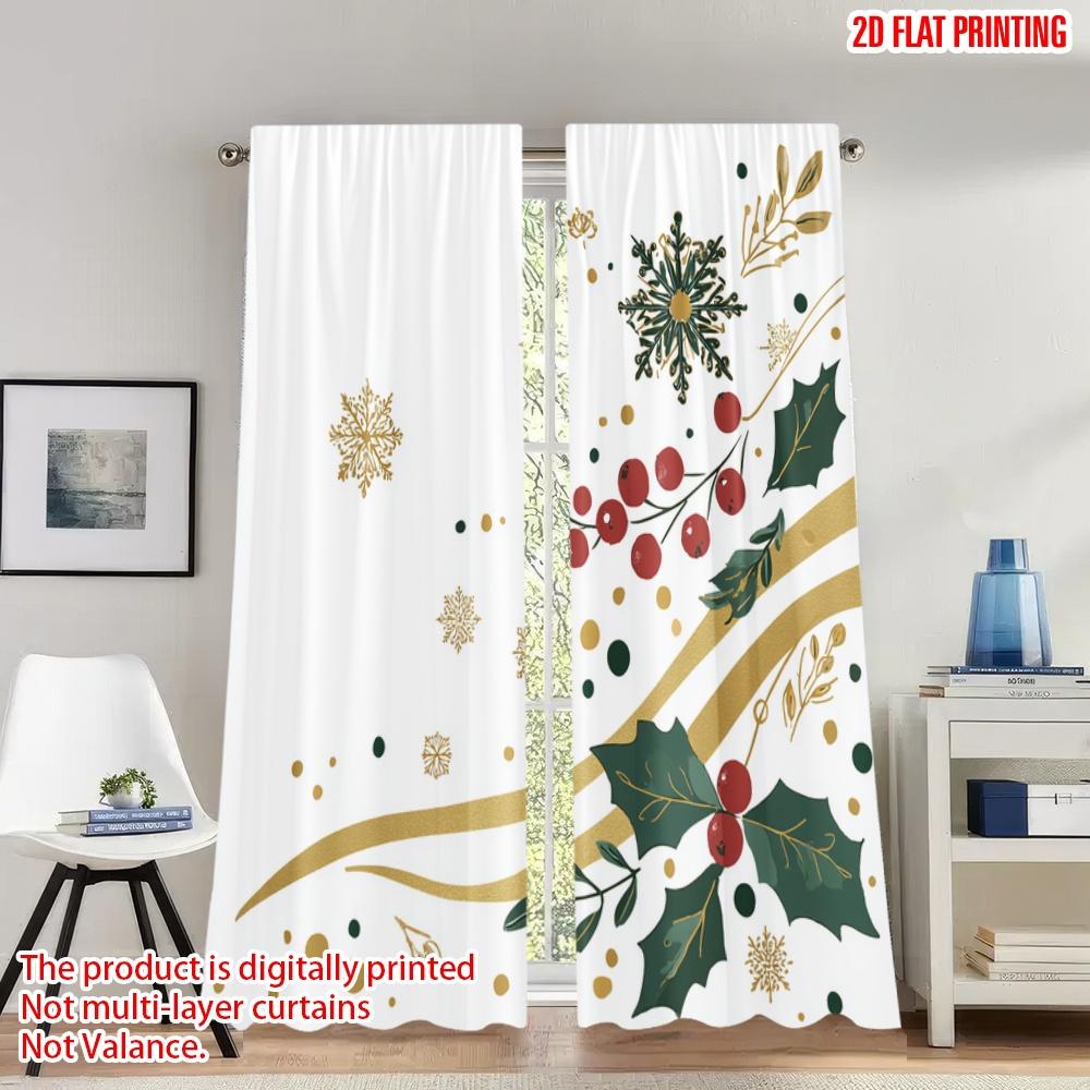 

Set Of 2 Flat Printing Happy Christmas Fashion Curtains Holly Snowflakes Golden Digital Printed Polyester Drapes Curtain W100*H70(CM)-Hooks&1PCS