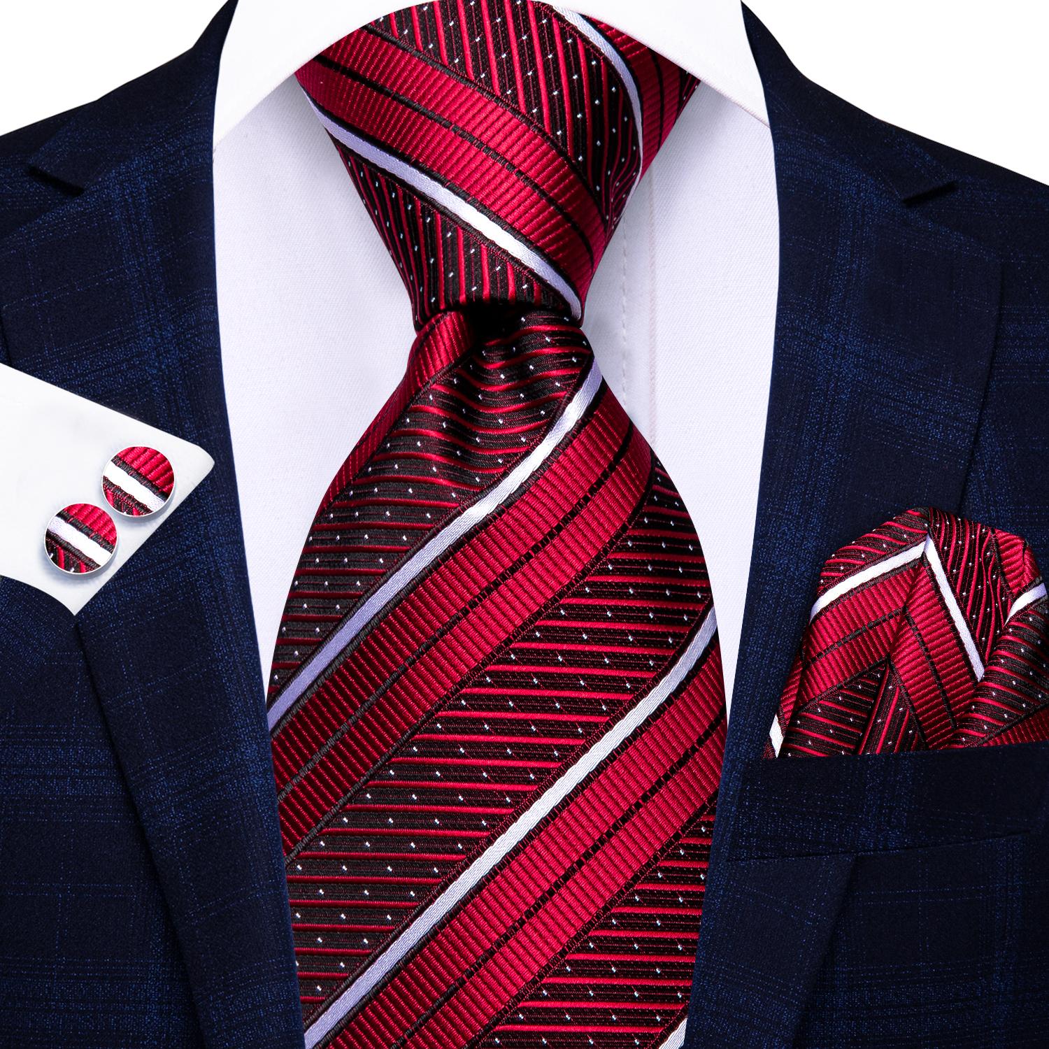 Hi-Tie Rot Schwarz Blau Gestreift Designer Herren Elegante Krawatte Einstecktuch Manschettenknöpfe für Smoking Mode Klassisch Seide Luxus Krawatte für Mann red