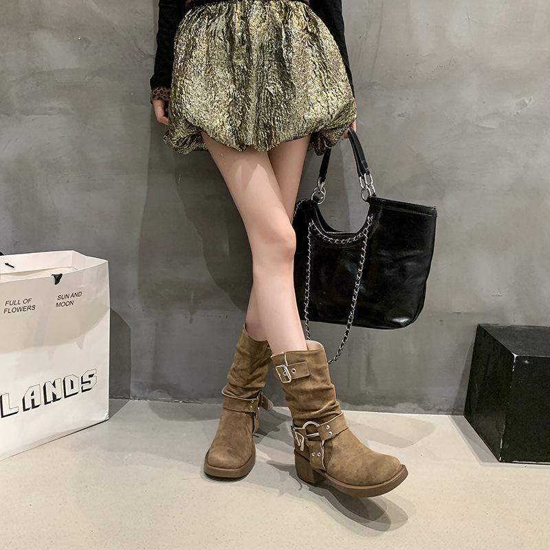 Autumn New Fashion Boots Women's Shoes Medium Tube Milk Fiber (milk Silk) Suede Cloth Rivet Autumn
