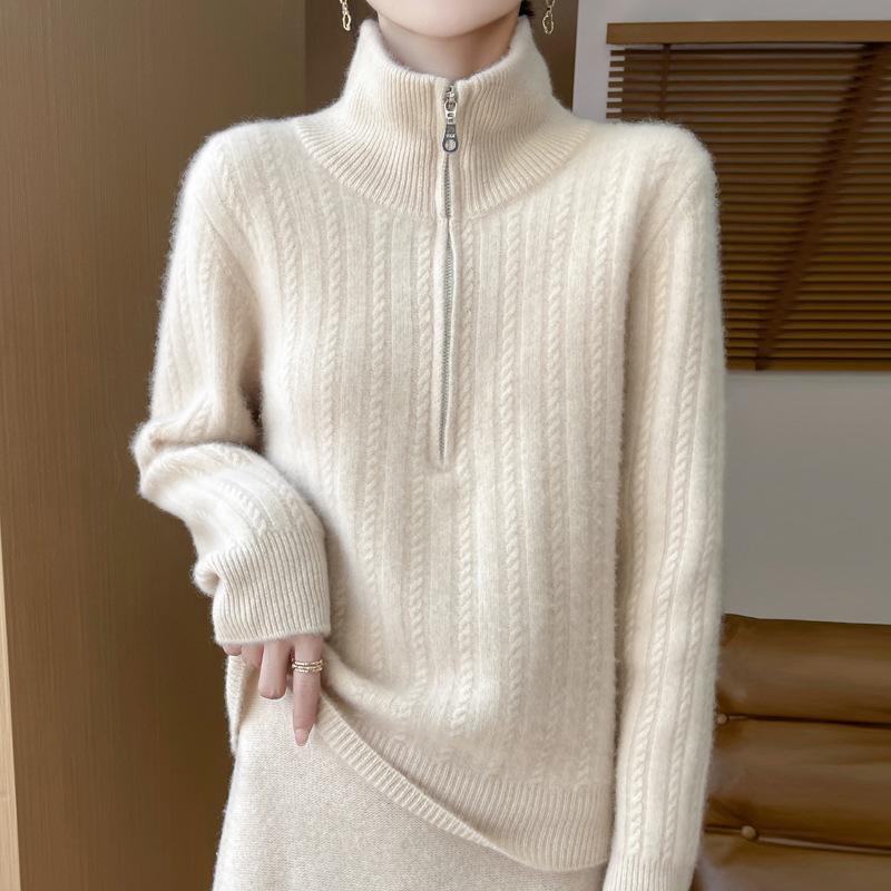 New Women's Thick Lapel Half-Zip Wool Sweater - Soft Cable Knit, Casual Loose Fit for Autumn/Winter