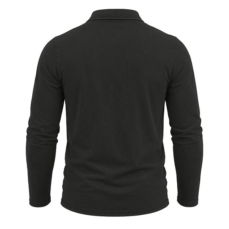 Men Vintage Washed Distressed Long Sleeve Polo Shirt Turn Down Collar Casual Top