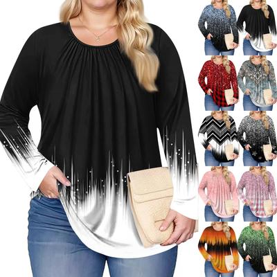 Moda para Mujer Talla Grande Estampado Casual Plisado Cuello Redondo Manga Larga