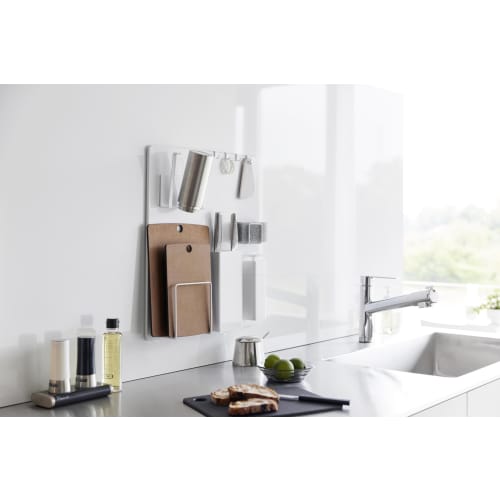 Yamazaki Tower Film Hooks, Steel Panel, White, Dimensions: 45cm W x 1.2cm D x 50cm H (including film hooks), Floating Storage, Kitchen Panel, Magnetic