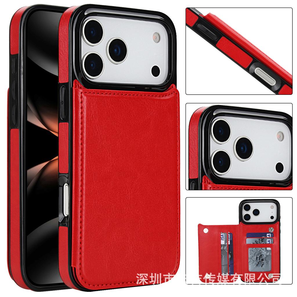 Suitable for Phone17  multiple phone models, Crazy Horse pattern double buckle phone leather case, Apple 16e/15 card insertion sticker protective case