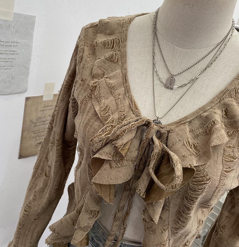 Post-Apocalyptic Style Ruffled Tie-Up Ripped Cardigan, Long-Sleeve Outer Layer