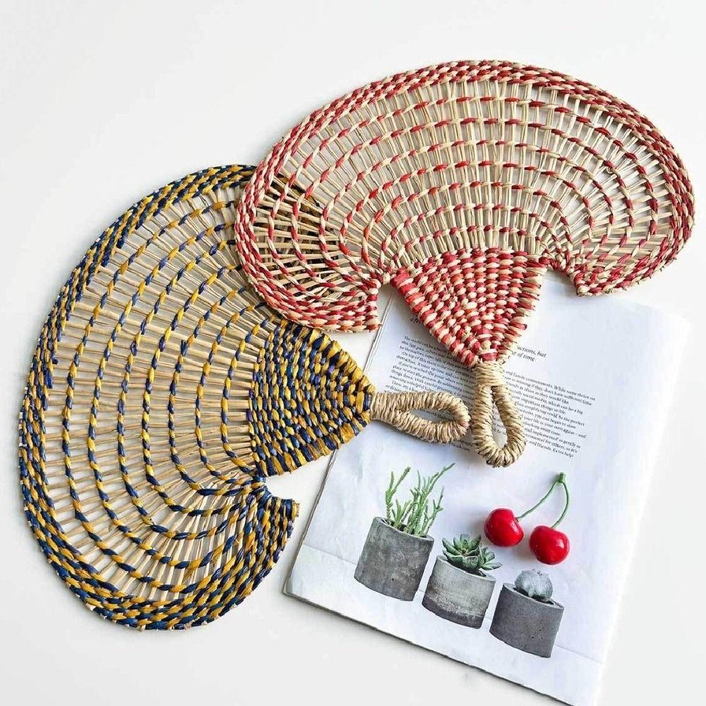Bohemian Hand-woven Straw Fan Colorful Cattail Fan Gift Decorative Handmade Fan  Beach