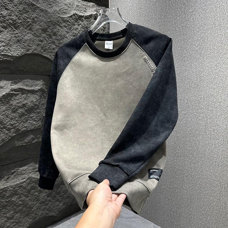 Splicing sweater crew neck sweater men's trend color matching student pullover long sleeve loose top