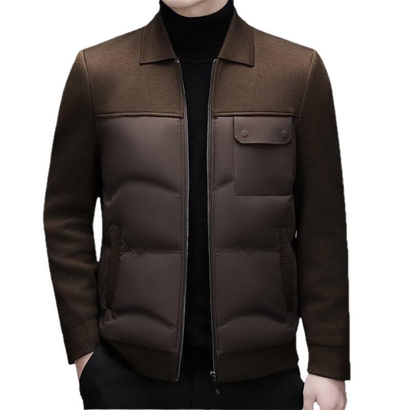 Men's Warm Lapel Duck Down Jacket - Tencel Knit Patchwork for Middle-Aged and Young