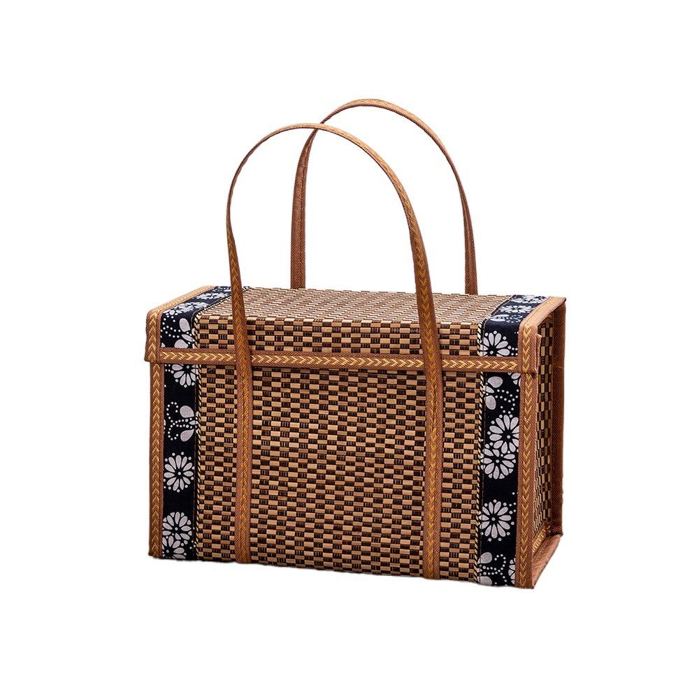 Rectangular Hand-Woven Basket Bamboo Handheld Woven Basket Retro Bamboo Picnic Basket  Photo Prop