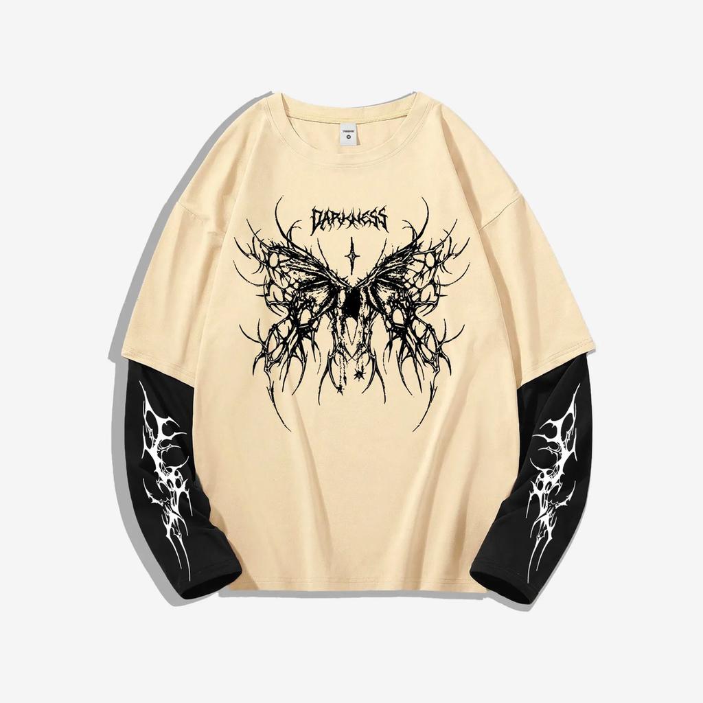 Herren Dark Aesthetic "Darkness" Grafik Langarmshirt, Gespickter Schmetterling Fake Layer Streetwear Oberteil