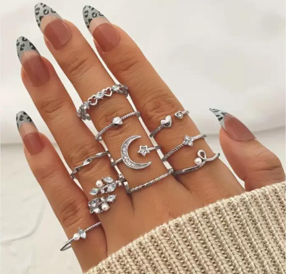 iF ME 10Pcs Rings Suit For Women Gold-color Chain Ring Set Bohemian Style Coin Snake Moon Star Party Leaves Love Trend Gift Jewelry