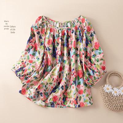 Dames Zomer 2026 Bloemen One-Shoulder Lantaarnmouw Katoenen Blouse
