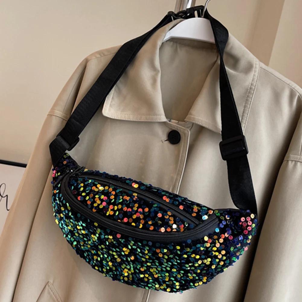 Sequin PU Leather Chest Bag for Women Trendy Crossbody Bag Sling Banana Bag Shiny Shoulder Bag Phone Waist Bag Handbags Purse