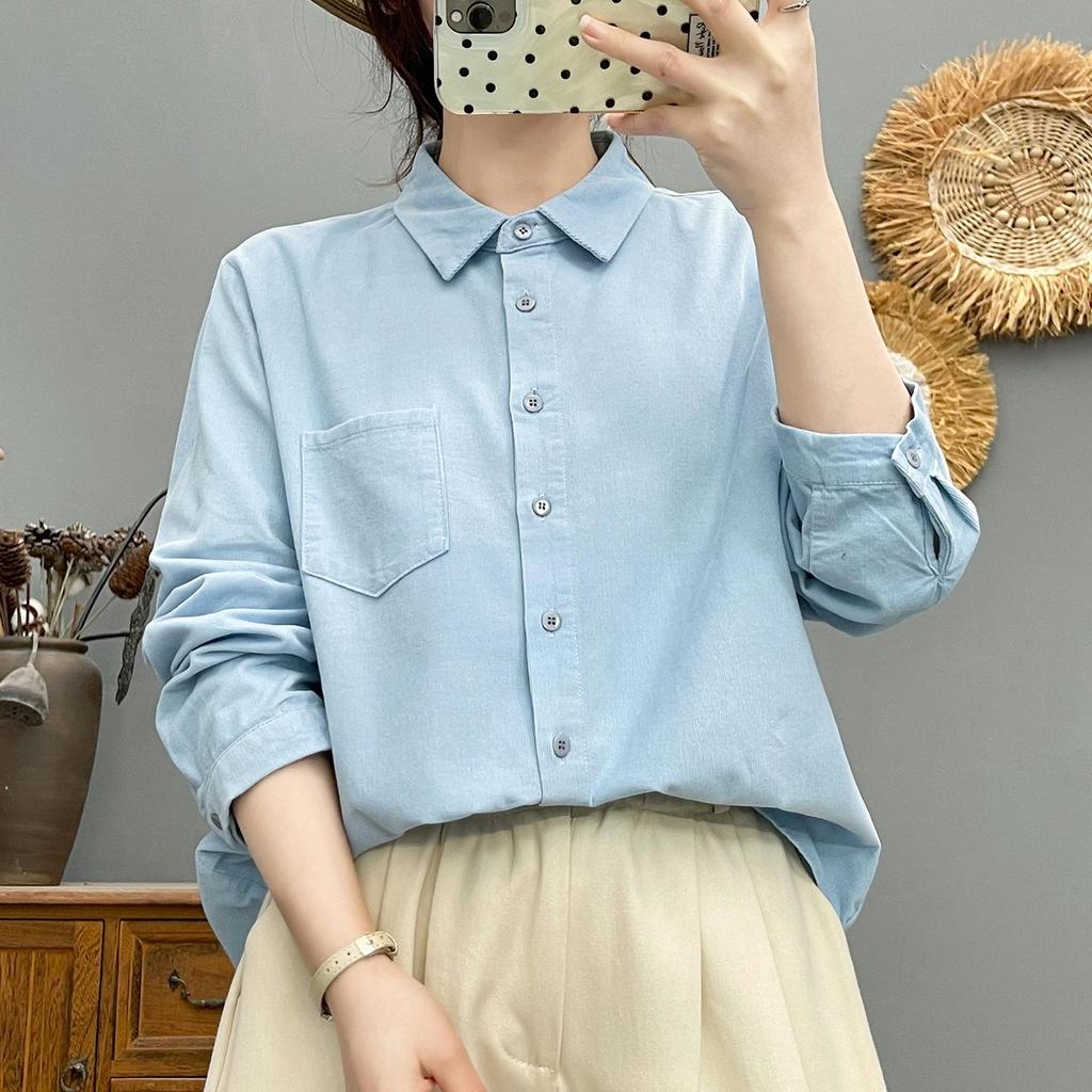 Women's Japanese Style Corduroy Long-Sleeve Shirt - Pure Cotton, High Quality, Retro Artistic, Loose Fit