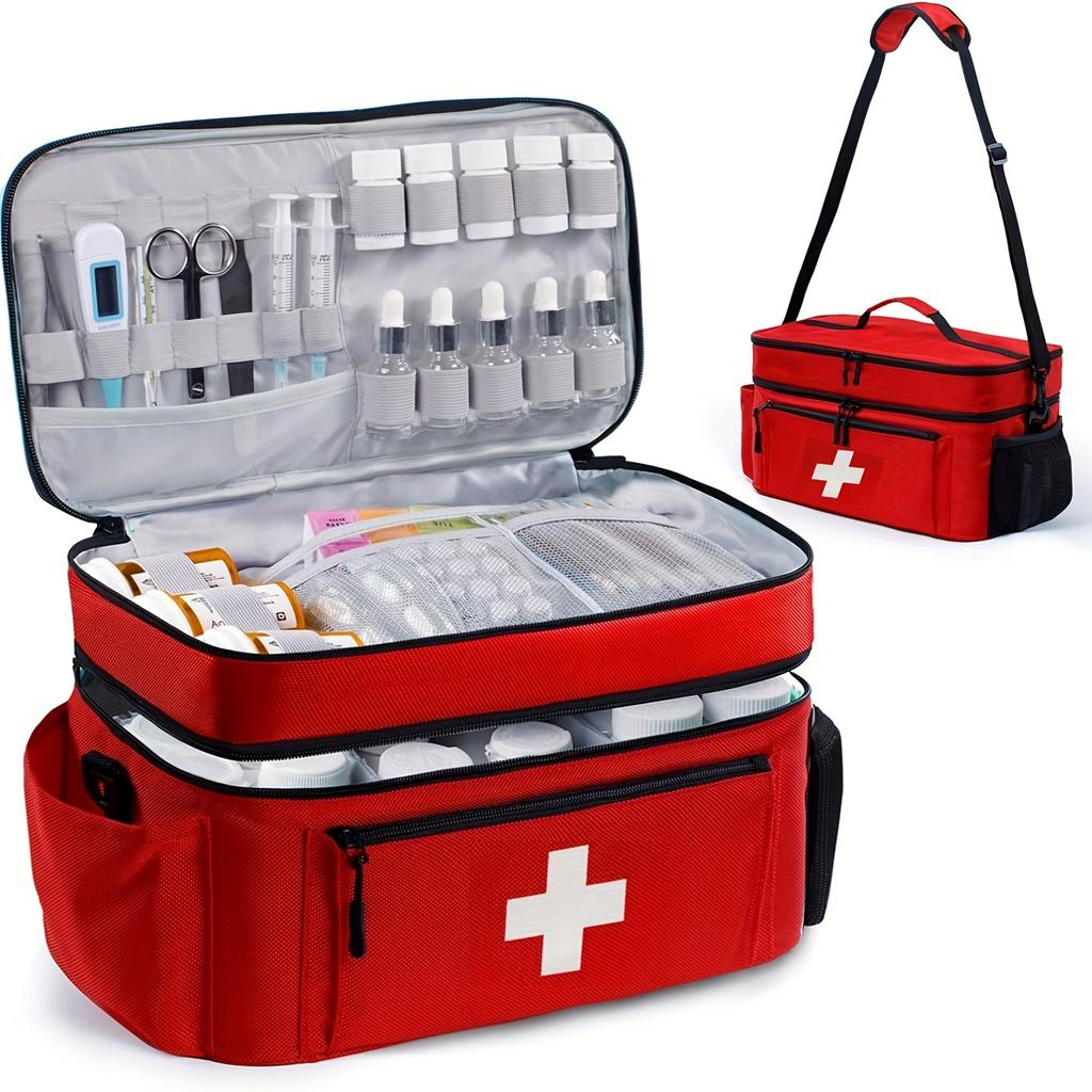 Large capacity travel medicine storage bag, portable emergency kit, double-layered design, front pouch, multiple ways to carry.