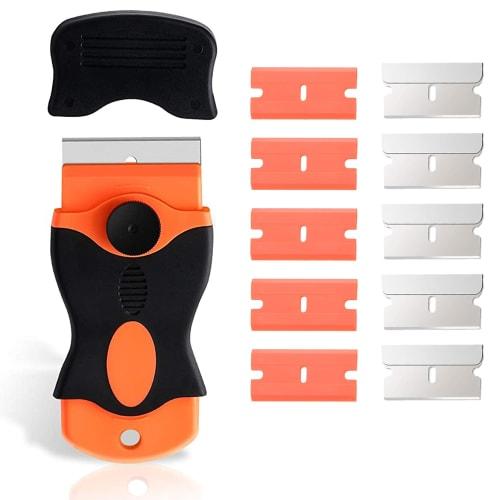 Vitzee Plastic Scraper Sticker Remover Spatula + 5 Plastic Blades + 5 Steel Blades, Interchangeable Blades, for Glass Cleaning, Bathroom, Kitchen, Car
