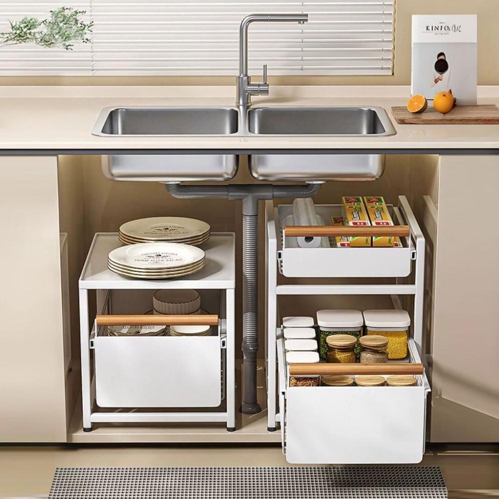 Pull Out Drawer Basket Rack with Wooden Handle Double-layer Under Sink Rack Organizer Sliding Kitchen Storage Rack