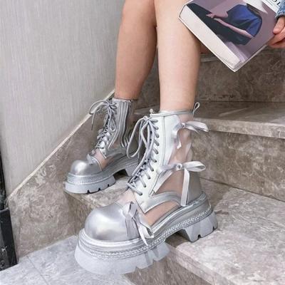 Fashion Summer Breathable Sandals Platform Boots Thick Sole Women Side Zipper Height Increasing Boots Bow Mid-calf Sports Sandal Boots