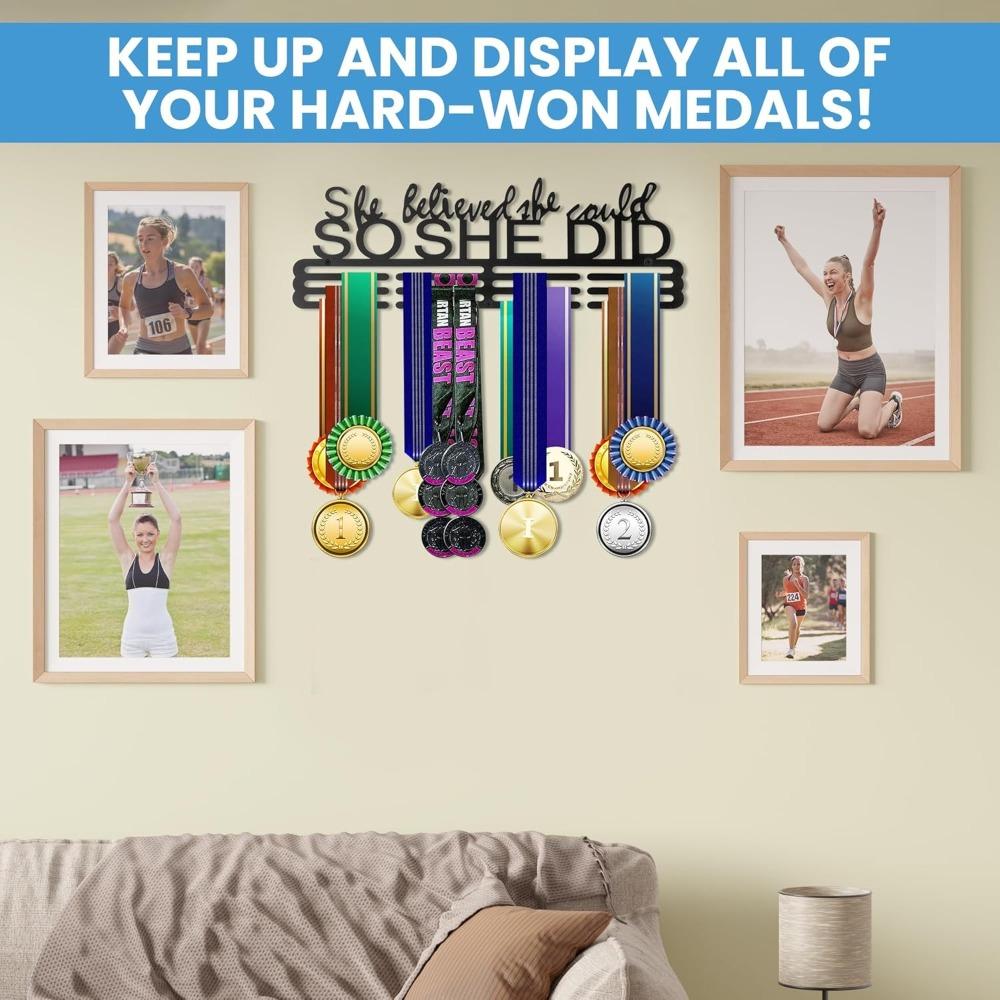 Metal Medal Holder Wall Display Rack for Sports Awards Ribbons Runner Gymnastics Cheer Dance Race Mounting Hardware Included