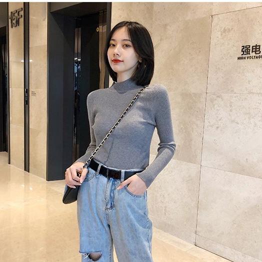 Autumn Winter Women's Stretch Knitted Sweater  Half Turtleneck Jumper Tight Short Knitted Bottoming Shirt Pullover Jumper Knitted Tops