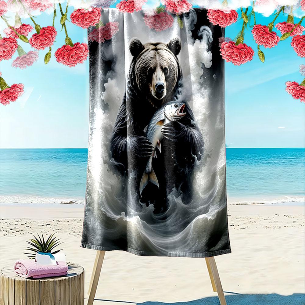 Majestic Bear Catches Fish Print Beach Towel, Quick Drying, Suitable for Travel, Outdoor Sports, Jogging, the Beach and Swimming, Gift