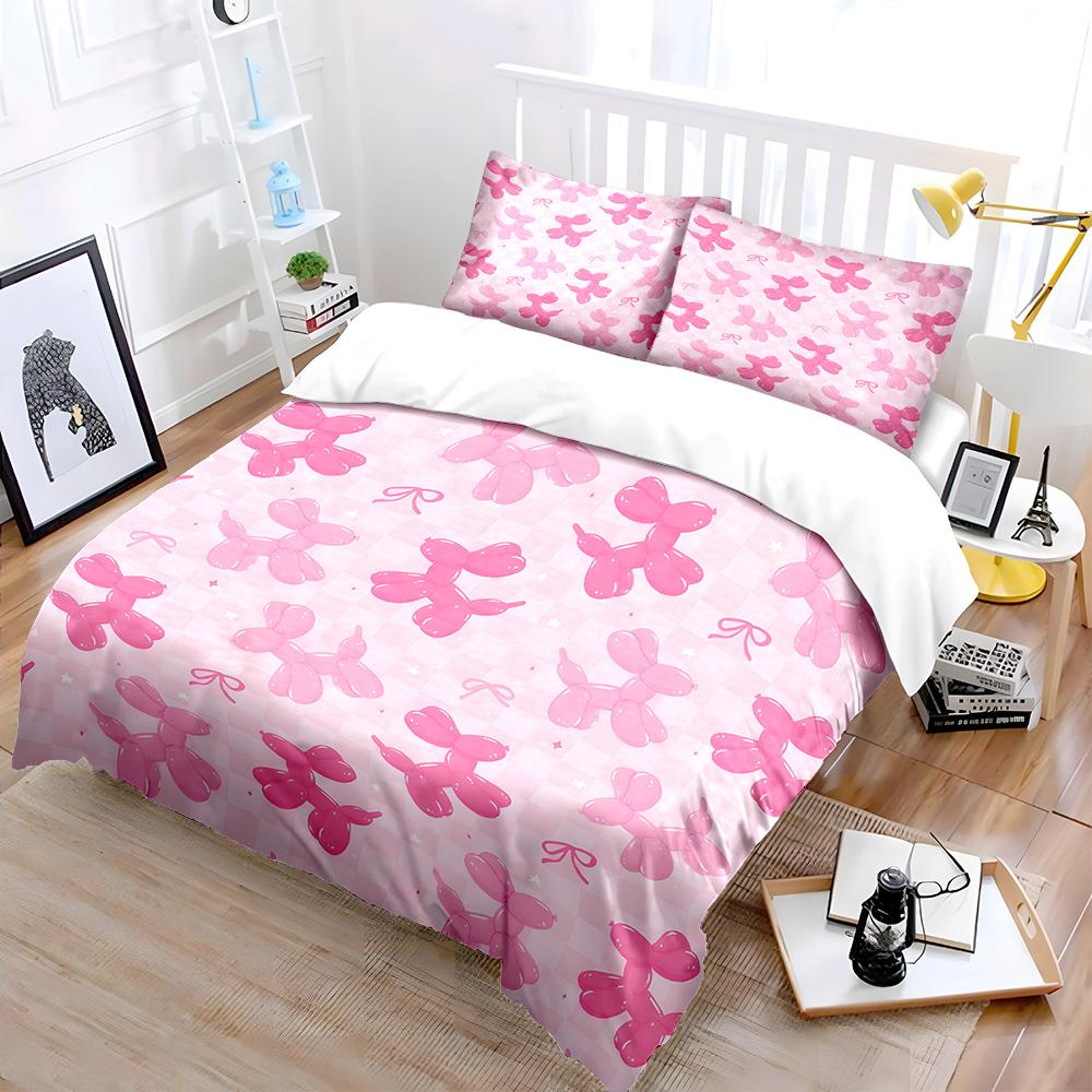Pink Balloon Dog Pattern Background Print Bedding Set 1 Duvet Cover 2 Pillowcases For Adult And Children Luxury Gift Full Size