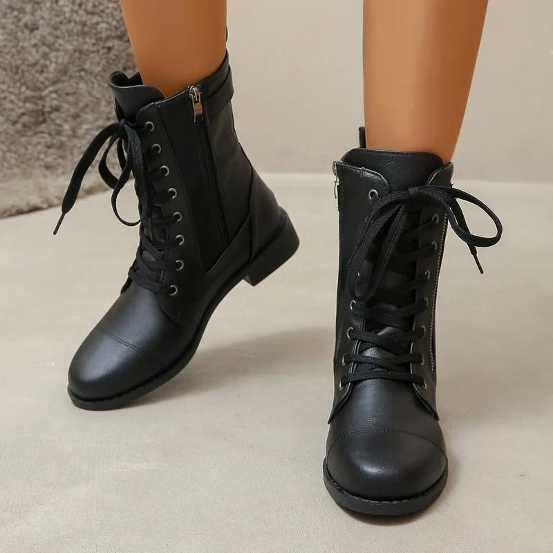 2025 New Winter Women's Short Ankle Boots with Lace-up Fashion and Comfortable Buckle Decoration Solid Color Fashion Boots