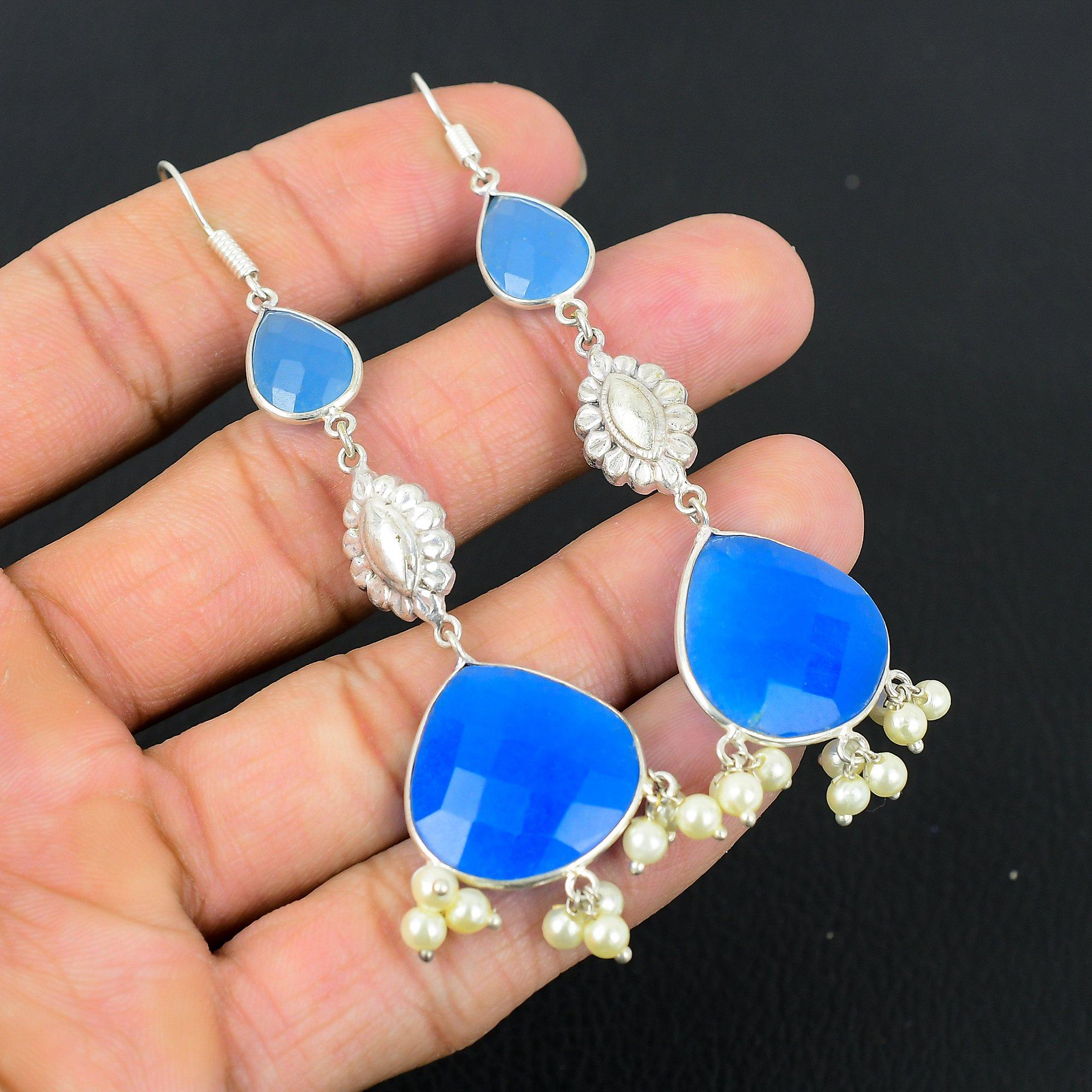 

Natural Blue Sapphire 925 Sterling Silver Engagement Dangle Anniversary Earrings