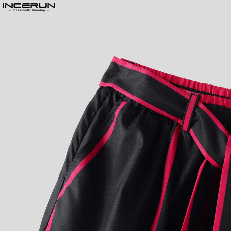 INCERUN Men Elastic Waist Hit Color Belt Casual Thin Harem Pants with Pockets