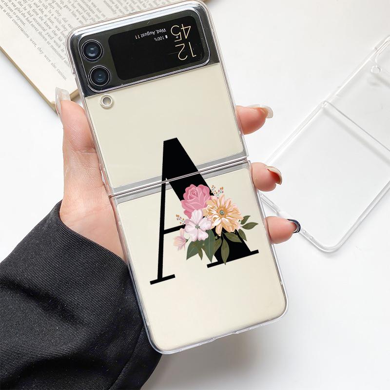 Flower Letters S Fashion Phone Case For Samsung Galaxy Z Flip 3 4 5 6 7 Hard Folding Z Flip4 Clear PC Cover Protector Gift