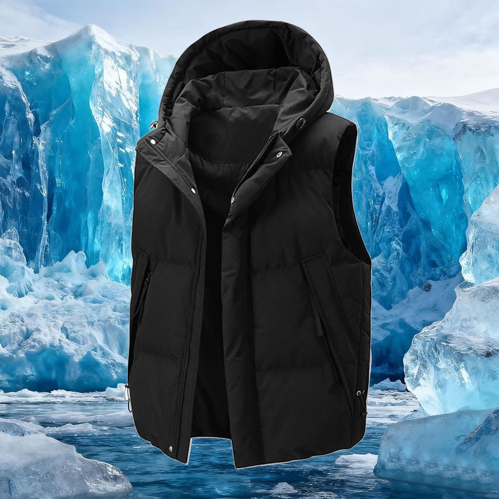 Men's And Women's Casual -color Hooded Sleeveless Vest, Men's Large Pocket, Cotton Thickened, Loose And Warm Zipper Vest