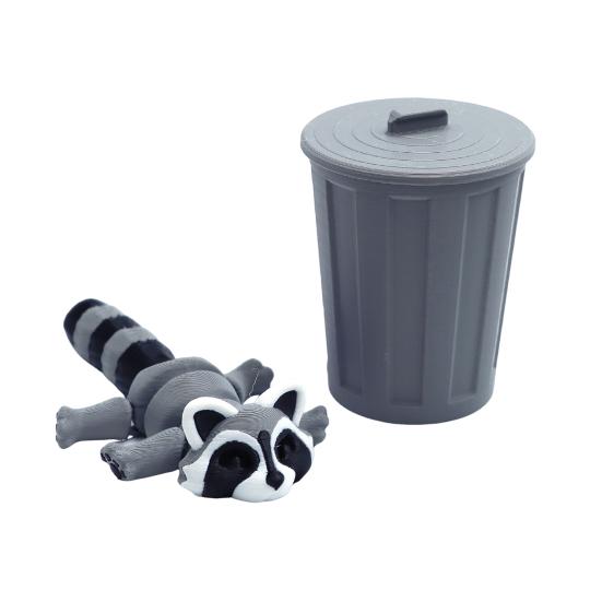 3D Printed Raccoon Figurine Movable Joints Raccoon Fidget Toy Trash Can with Articulated Raccoon Inside Desktop Decoration Ornament
