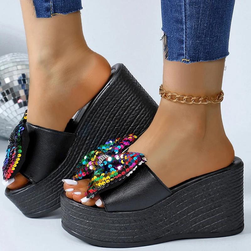 Fashion Women Colorful Sequins Platform Slippers Fashion 2025 Wedge Open Toe Black Sandal Ladies New Plus Size Thick Bottom Slides Mujer