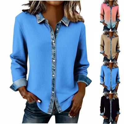 Womens Fashion Lapel Long Sleeved Denim Patchwork Button Up Shirt Loose Top