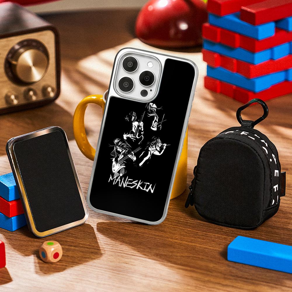 ManeS-skinS Hip Hop Band Poster Phone Case for iPhone 16 15 14 13 12 11 Pro Max Sheepskin Silver-edged Protective Case