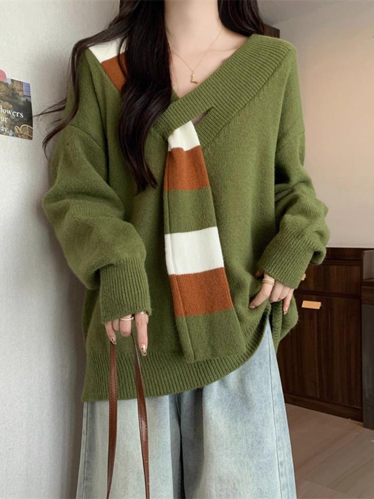Women's 2025 Korean Striped V-Neck Scarf Sweater - Autumn/Winter Loose Fit, Thick Knit