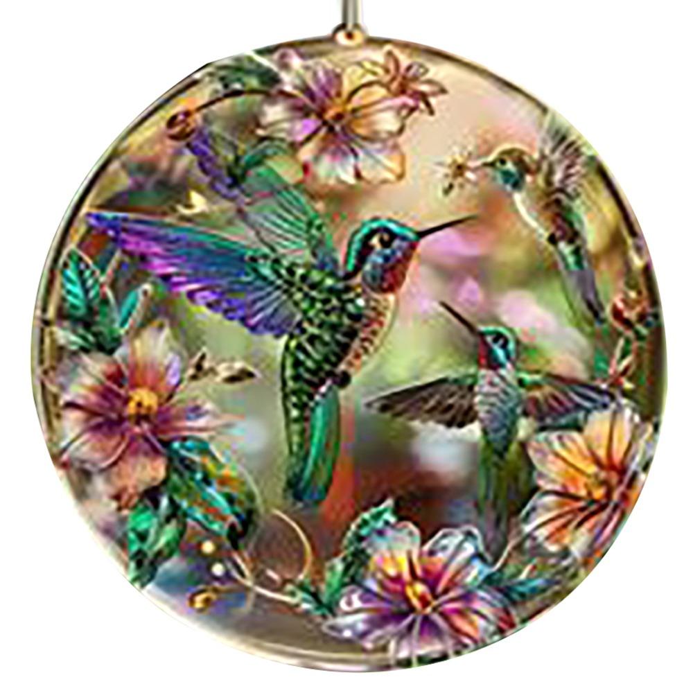 Portable Acrylic Hummingbird Hanging Suncatcher Flat Round Window Pendant Ornament Colorful Garland Decoration Window