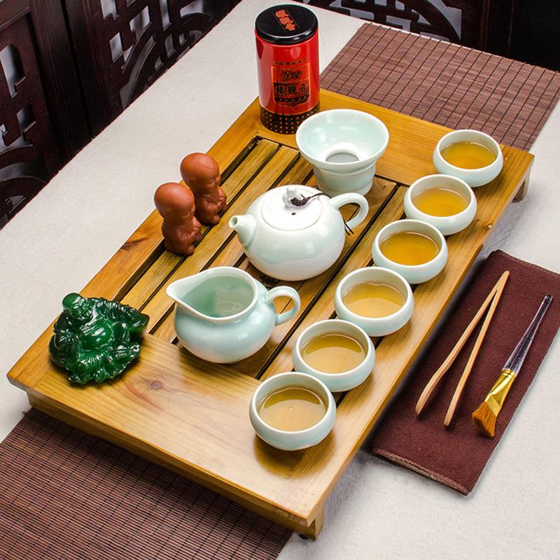 Juego de té chino de vidrio transparente resistente al calor, juego de té de madera maciza con paquete de bandeja de té Kung Fu