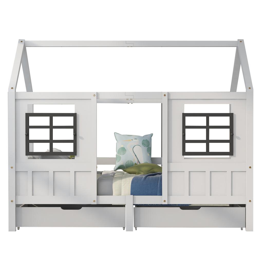 Letto a casetta con 2 cassetti, letto singolo, divano letto, letto per bambini con 2 finestre, struttura in pino, MDF, bianco (200x90cm)
