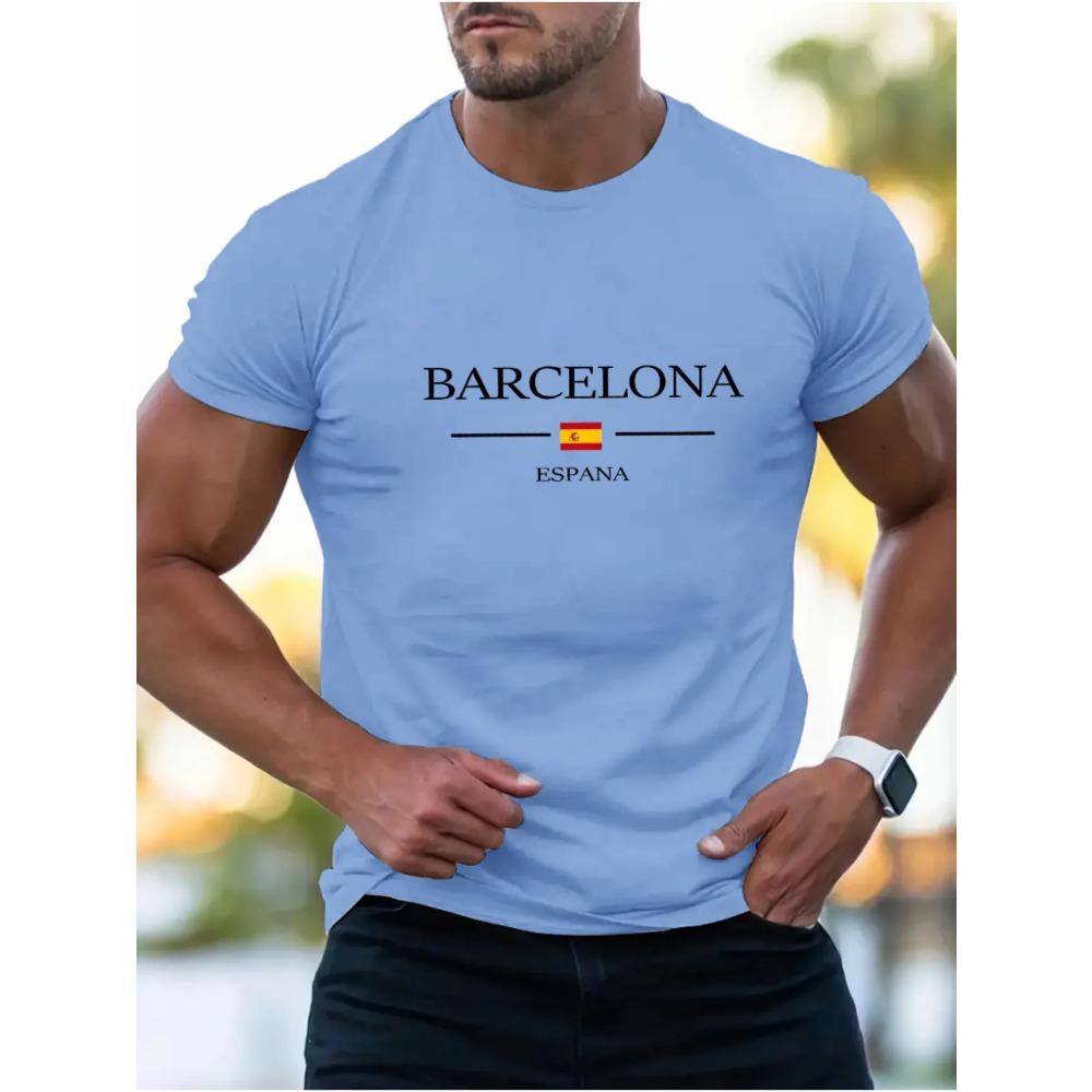 Summer Men's 100% Pure Cotton Casual Loose Plus Size Fashionable Barcelona Letter Printed Round Neck Short Sleeved T-shirt Top