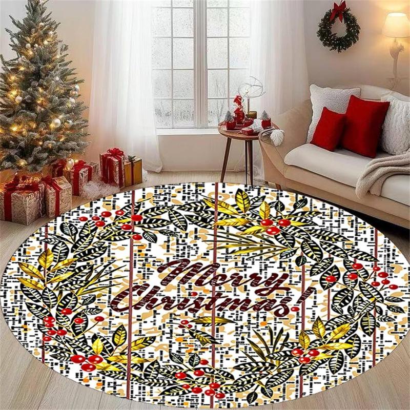Christmas Wreath Round Carpet Red Xmas Ball Pine Cone Berry Area Rug Winter Holiday Circular Floor Mat for Living Room Bedroom