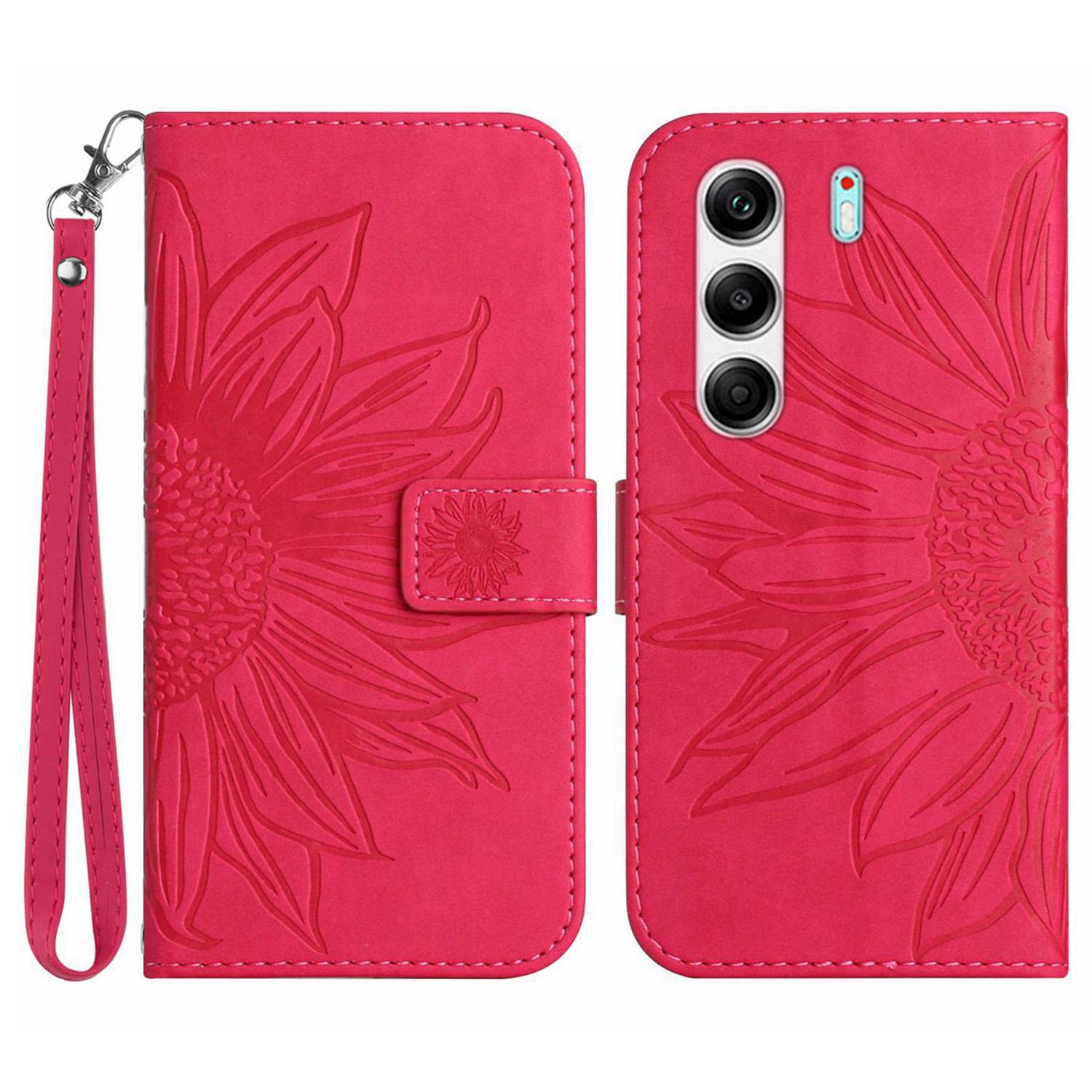 

For TECNO Camon 40 Pro 5G Case Sunflower Imprint Leather Wallet Phone Cover with Wrist Strap Rose