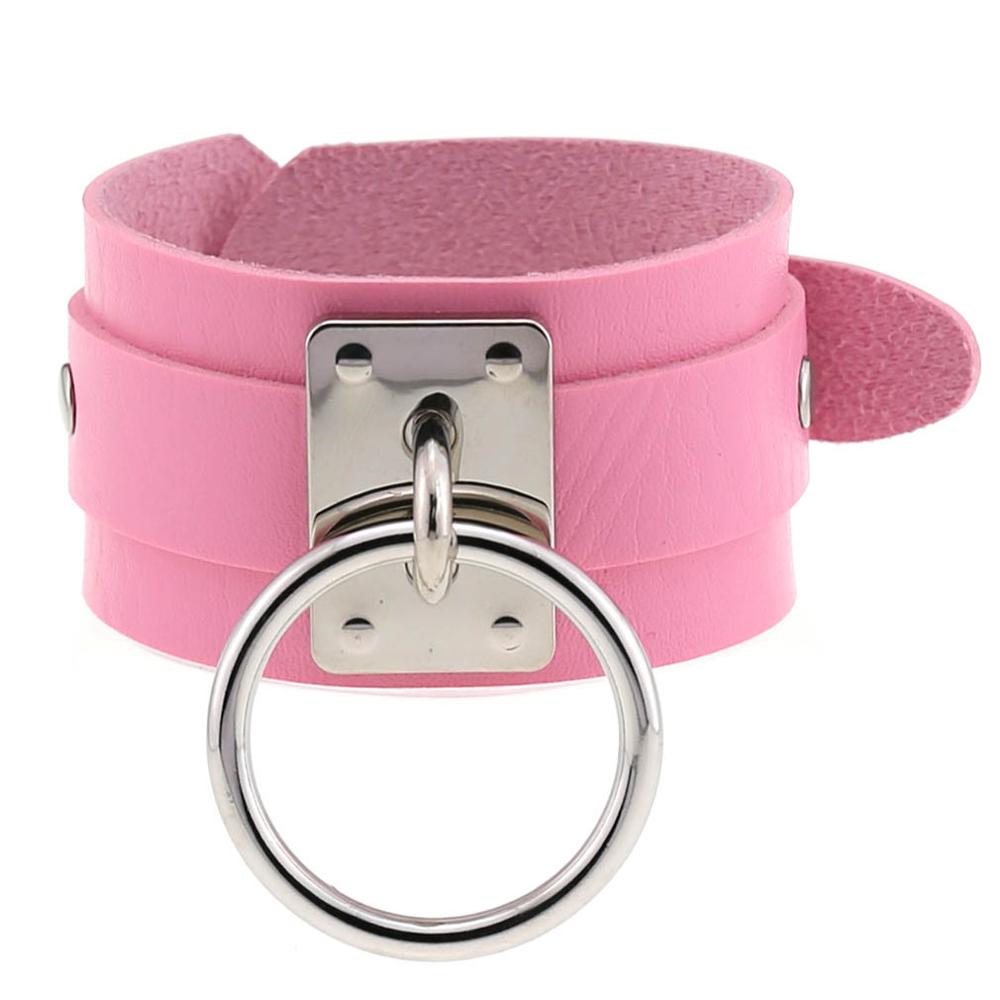 Leren O-Ronde Metalen Polsband Armbanden Harajuku Manchet Gotische Punk Armbanden Voor Vrouwen Mannen Emo Rave Heks Cosplay Feest Sieraden pink