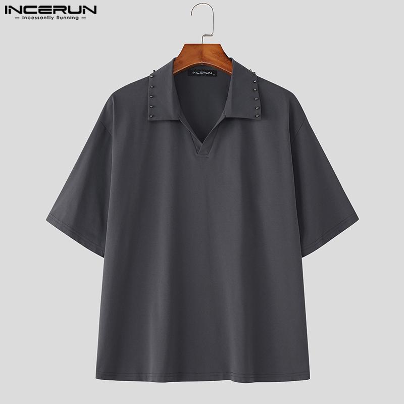 INCERUN Men Casual Turn-down Collar Short Sleeve Solid Color T-shirts