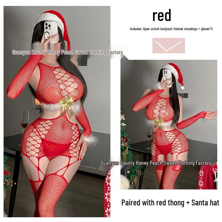 Red Furry Bodysuit with Gold Bow & New Year Fishnet Stockings