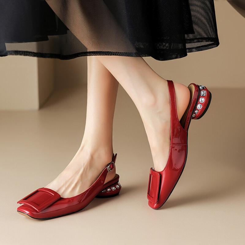Fashion Summer Women Sandals Patent Leather Shoes for Women Square Toe Chunky Heel Shoes Sweet Cover Toe Slingback Sandals Buckle Shoes