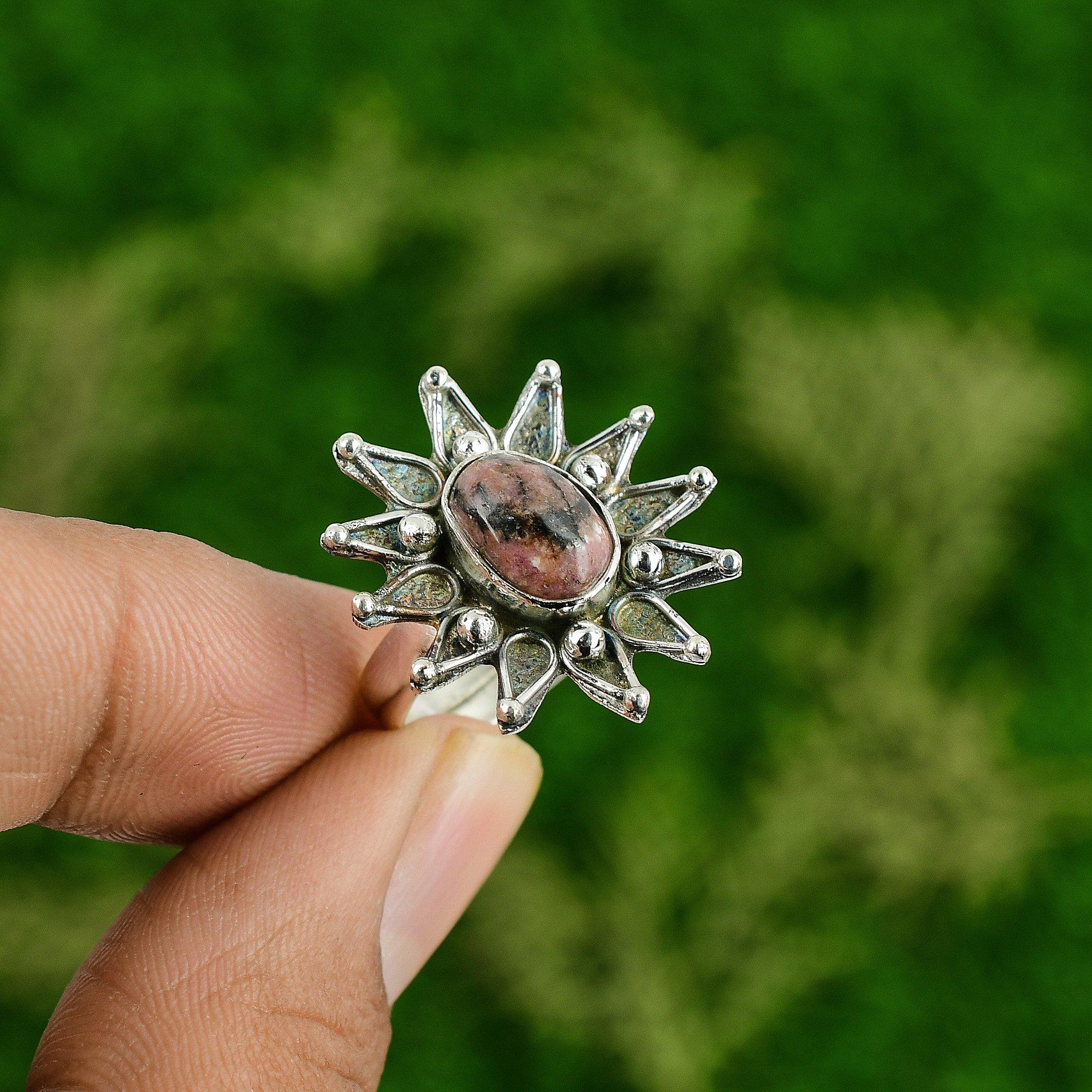 

Womens day Deal 925 Silver Oval Rhodonite Stone Flower Statement Ring Jewelry Adjustable